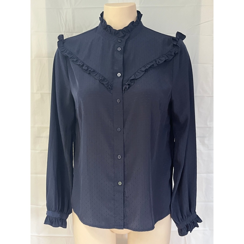 Kookai Navy Blue Swiss Dot Ruffle High Neck Victorian Blouse Long Sleeve Top